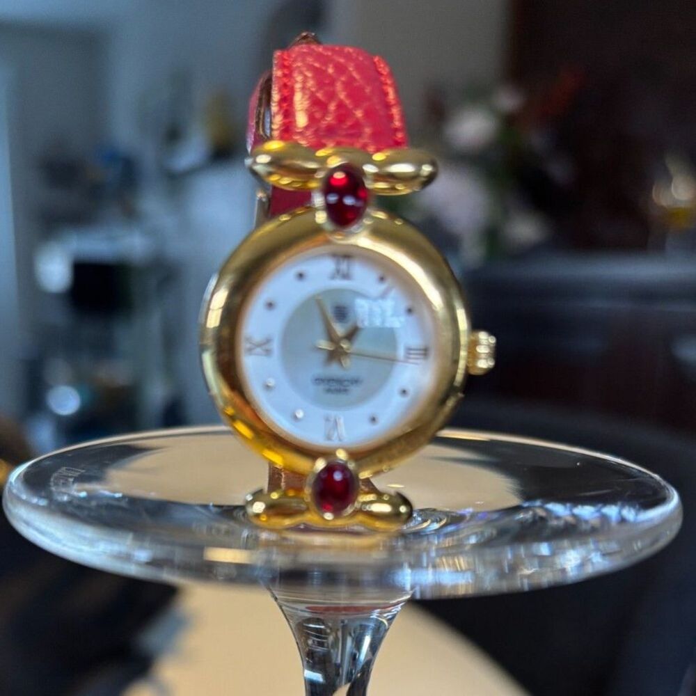 Vintage Givenchy Gold Tone Casing with Ruby Colored Gemstones Accent Watch - Picture 3 of 8